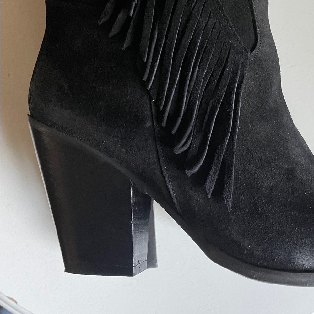 FREE PEOPLE Black Suede Boots Fringe Western Festival Silver Toe Tips Caps 40 10 - Picture 7 of 12